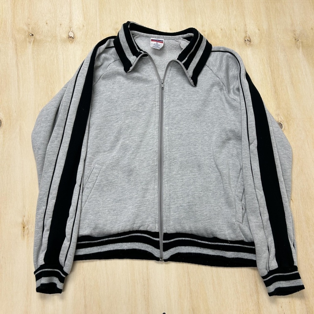 Vintage Pro Style Mens Large Gray‎ Full Zip Fleece Striped Athletic Track Jacket